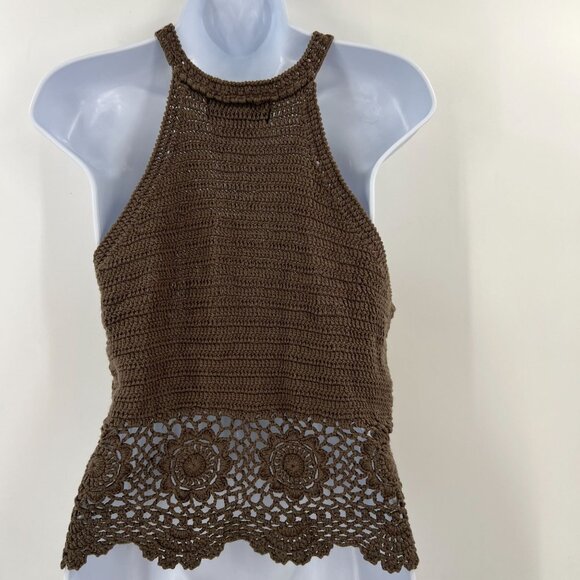 Blue Rain Crochet Top S Small Brown 100% Cotton Knit Boho Festival Y2K - Picture 7 of 9